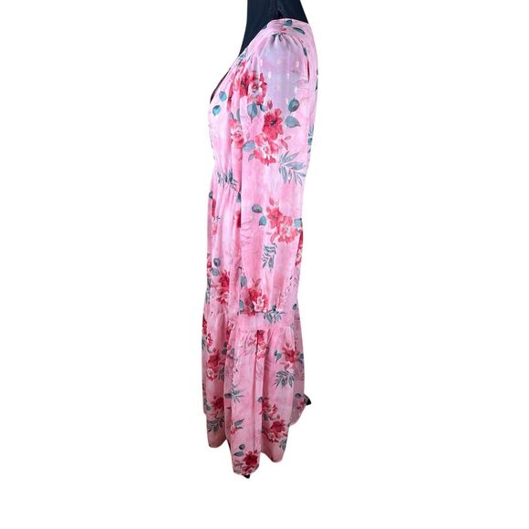 NSR woman’s medium pink floral tiered sheer long sleeve maxi dress career - Picture 3 of 6